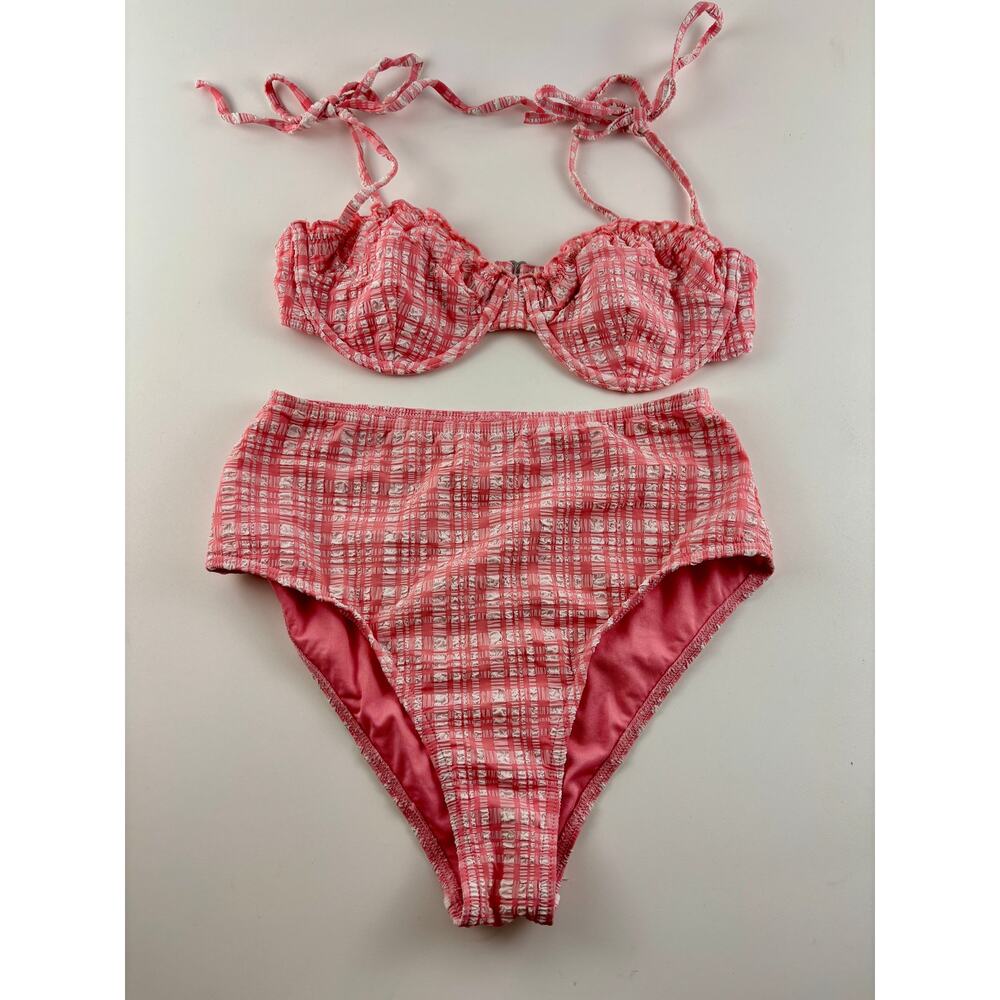 Billabong Pink Plaid Bikini Set High Waist Small Adjustable Textured